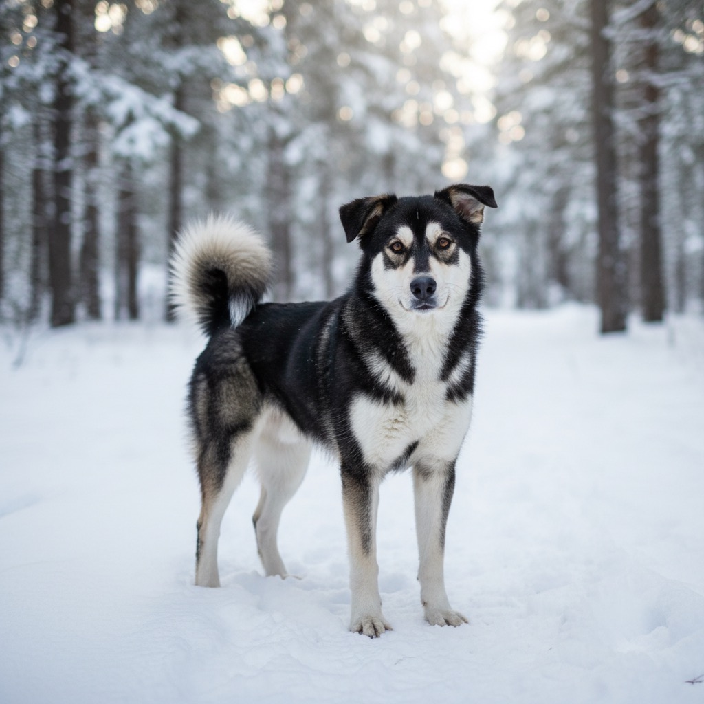 Ein schwarz-weißer Hund mit buschigem Schwanz steht im Schnee vor einem verschneiten Wald.